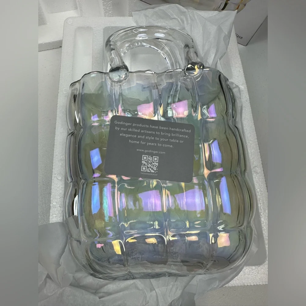 NIB RUNWAY Godinger Crystal Glass Iridescent Handbag Vase
